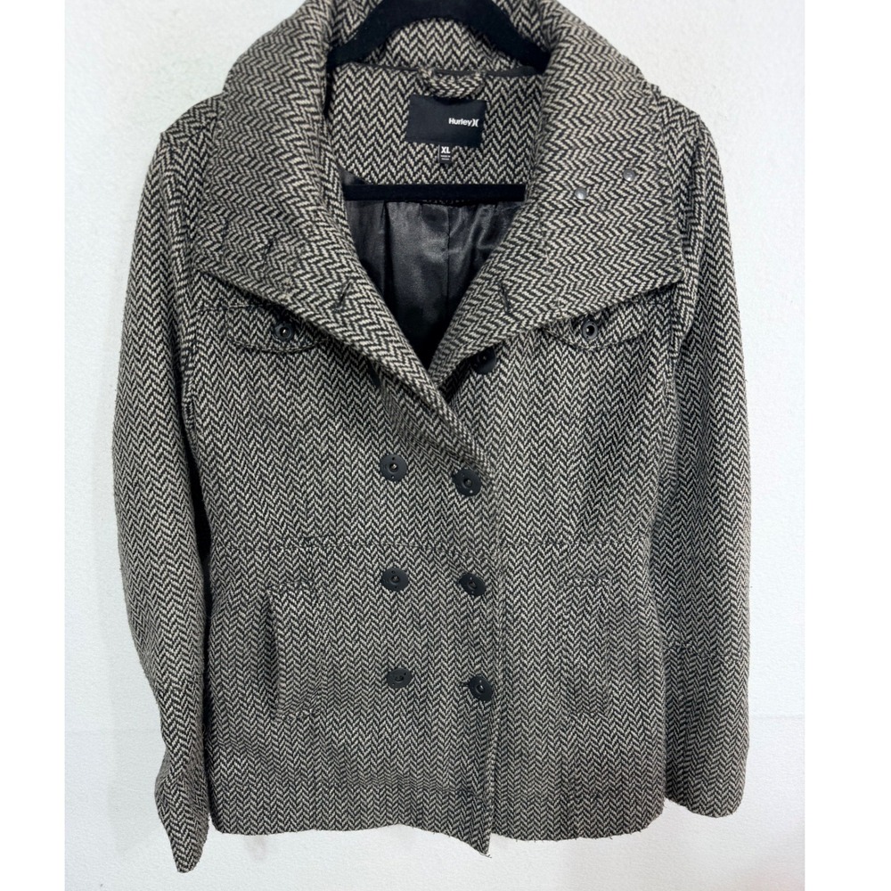 Hurley Peacoat Herringbone Wool Blend Hooded Jacket Women's XL Black White
